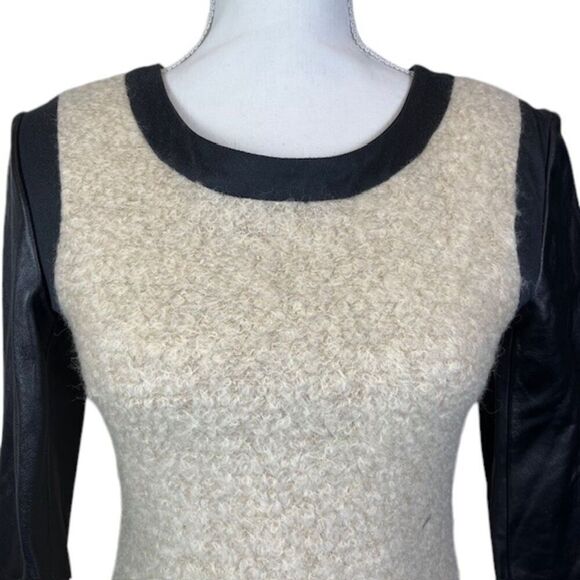 Mixed Material Mini Dress Ghloe Faux Leather, Wool, and Feathers Zip Back Size 4 - Picture 2 of 15